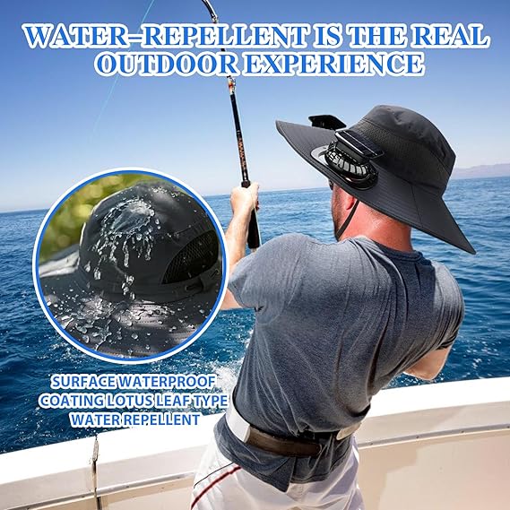 Person wearing lightweight solar fan hat outdoors