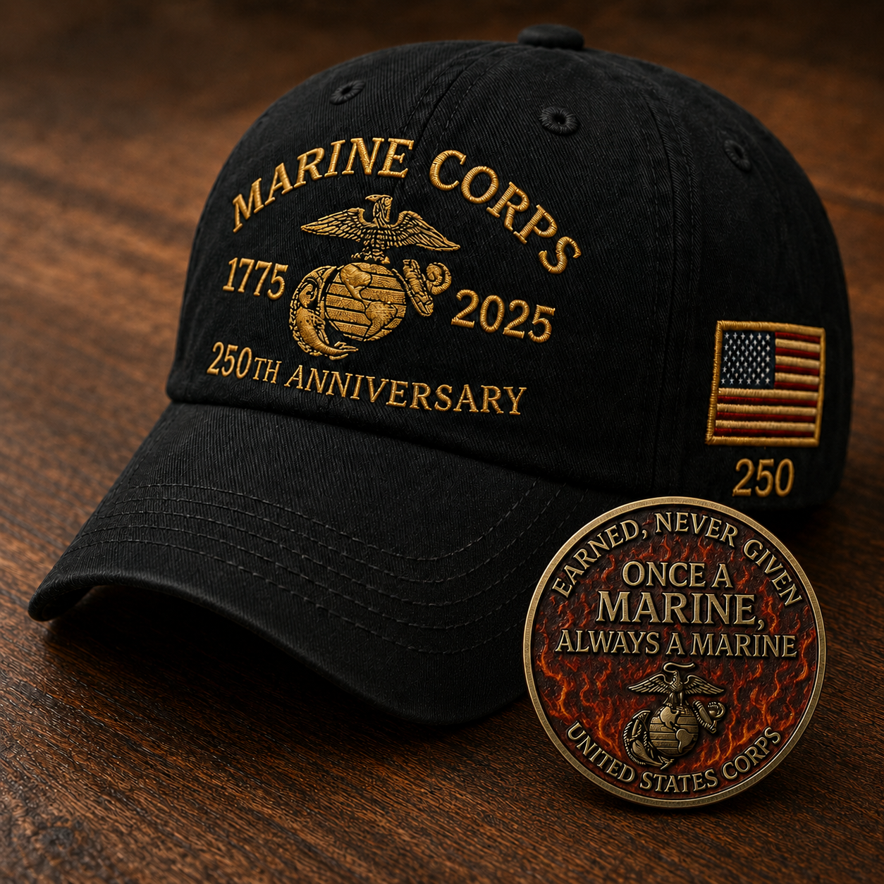 250th USMC Retro Embroidered Cover๐ Free Honor Coin With Every Cap Purchase