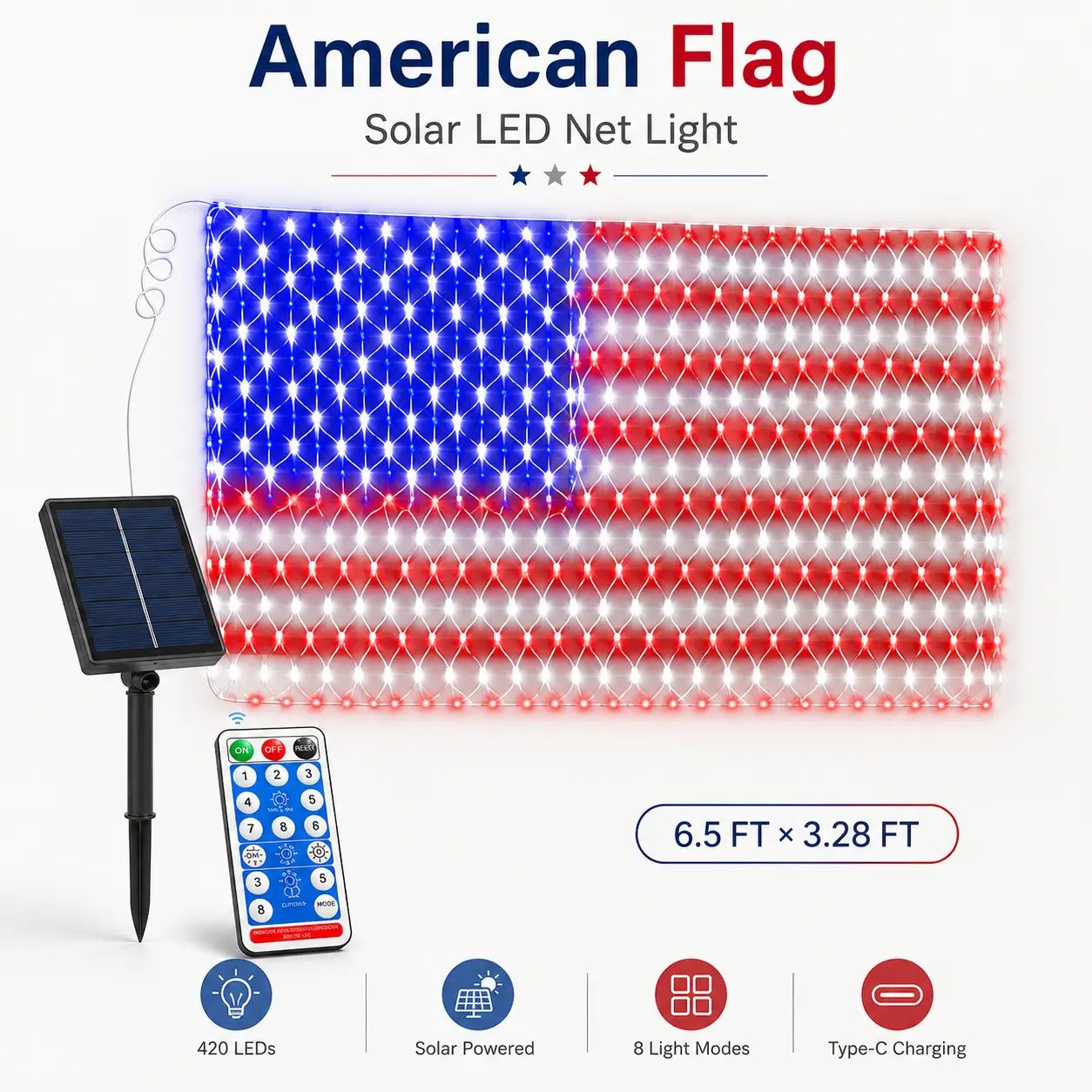 ๐ Land of the Free Glow โจ 49% OFF-Solar American Flag Net Lights