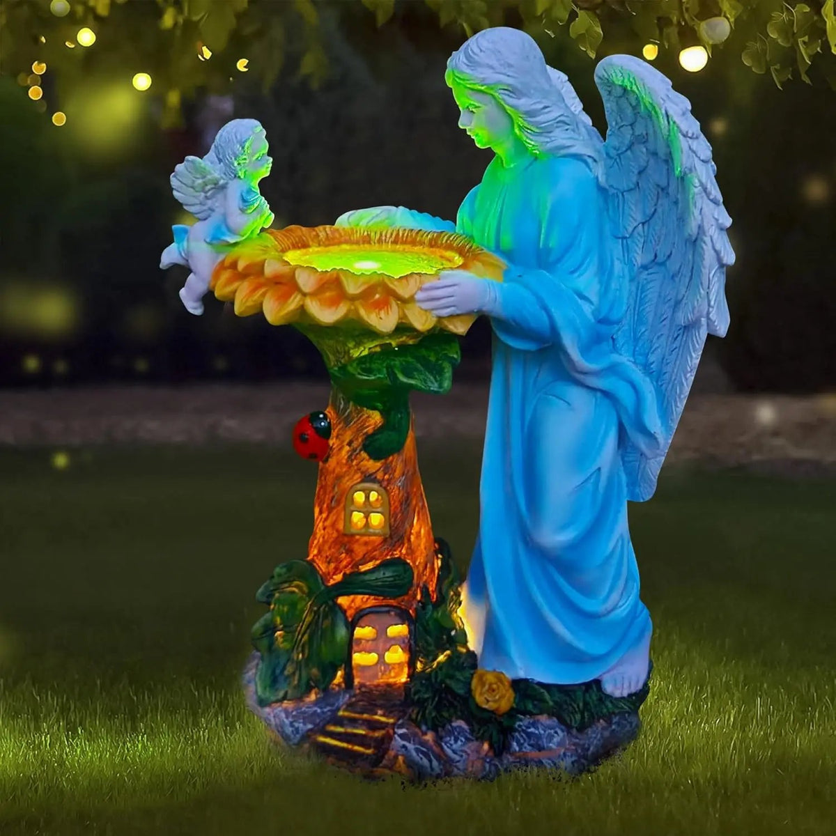 Solar Angel Outdoor Decor with Color Changing Light Sunflower Statue Sculpture Lawn Ornament Yard Art