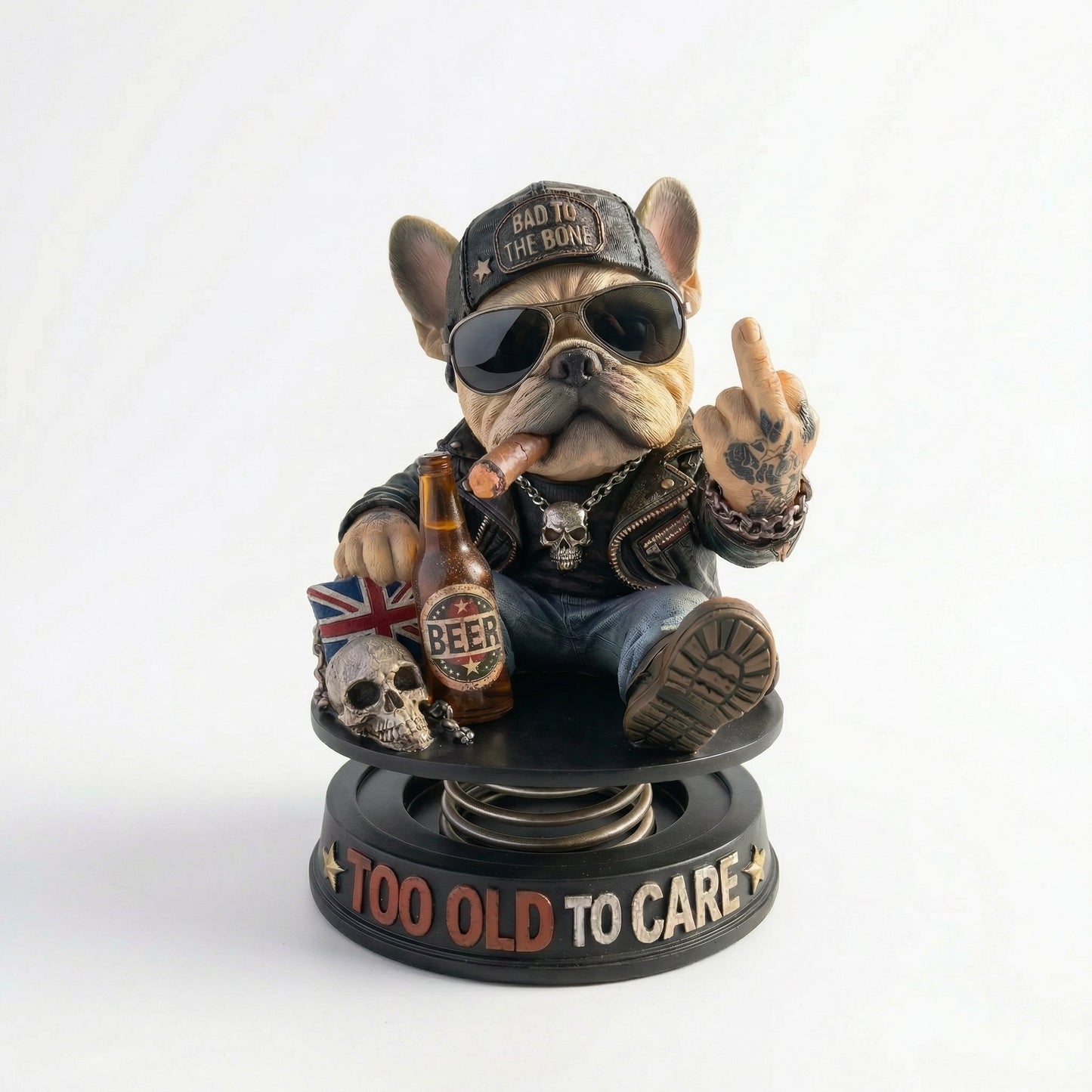 "Too Old To Care" Hardcore Frenchie Dashboard Bobblehead😎 - Rebellious Middle Finger Bulldog Car Decor