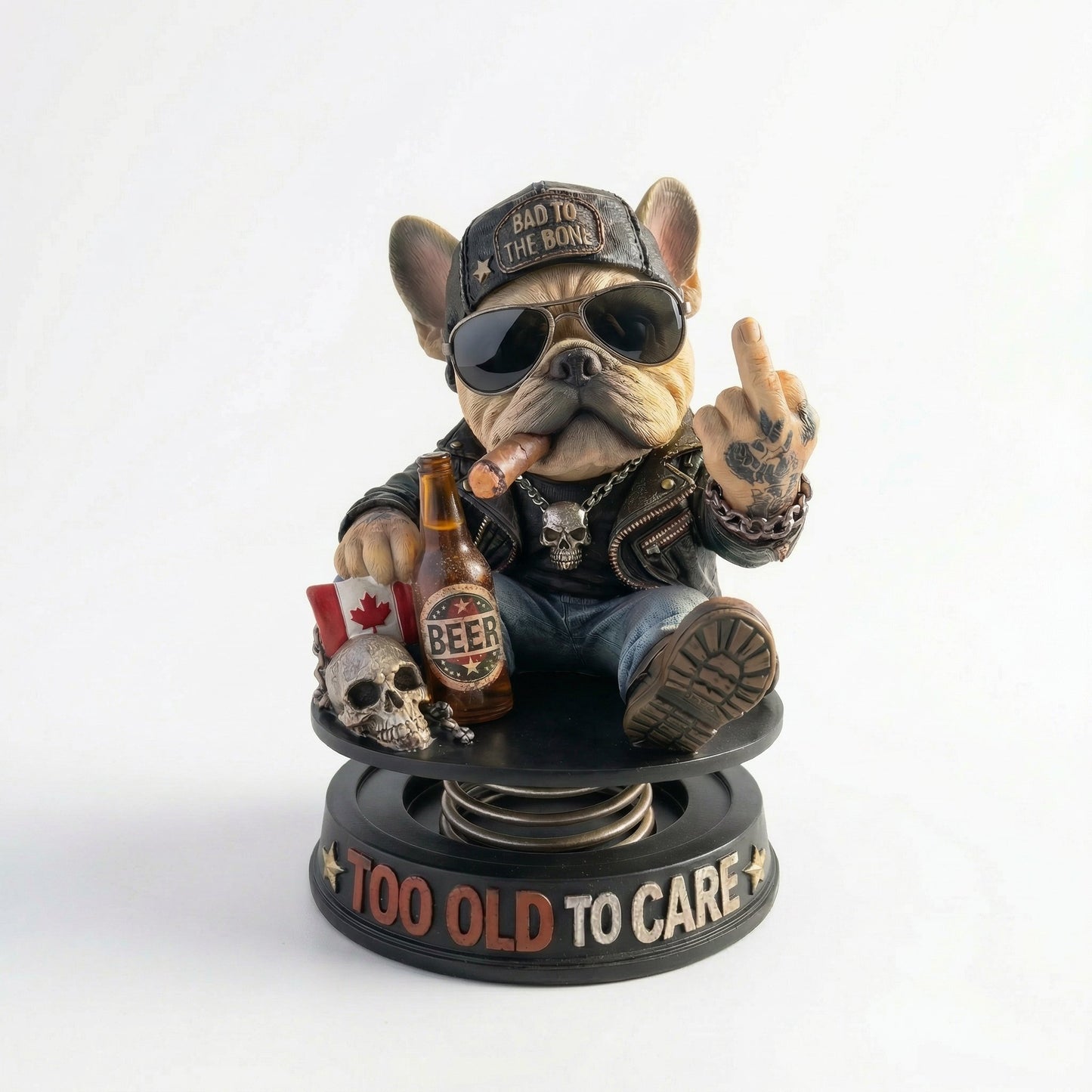 "Too Old To Care" Hardcore Frenchie Dashboard Bobblehead😎 - Rebellious Middle Finger Bulldog Car Decor