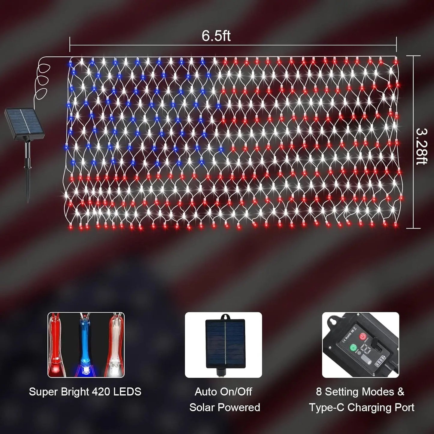 🔥Giant 250th Anniversary Flag Net Lights | 420 Super Bright LEDs - Massive 6.5ft x 3.3ft Solar Patriotic Decor ✨🇺🇸