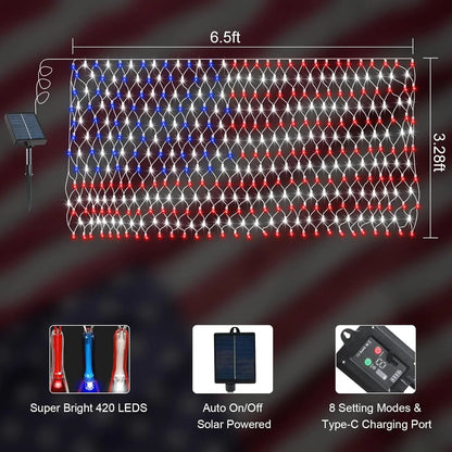 🔥Giant 250th Anniversary Flag Net Lights | 420 Super Bright LEDs - Massive 6.5ft x 3.3ft Solar Patriotic Decor ✨🇺🇸