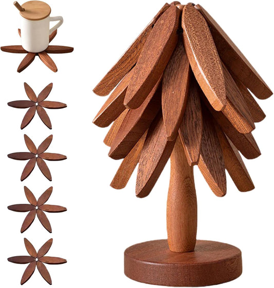 🎅Natural Tree Coaster Set – 4 Bamboo & 1 Stand in the Shape of a Christmas Tree