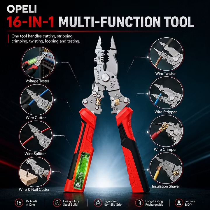 ⚡🛠️16-in-1 Multifunctional Electrical Pliers with Voltage Tester, Heavy Duty Wire Stripper for Electricians & DIY Projects