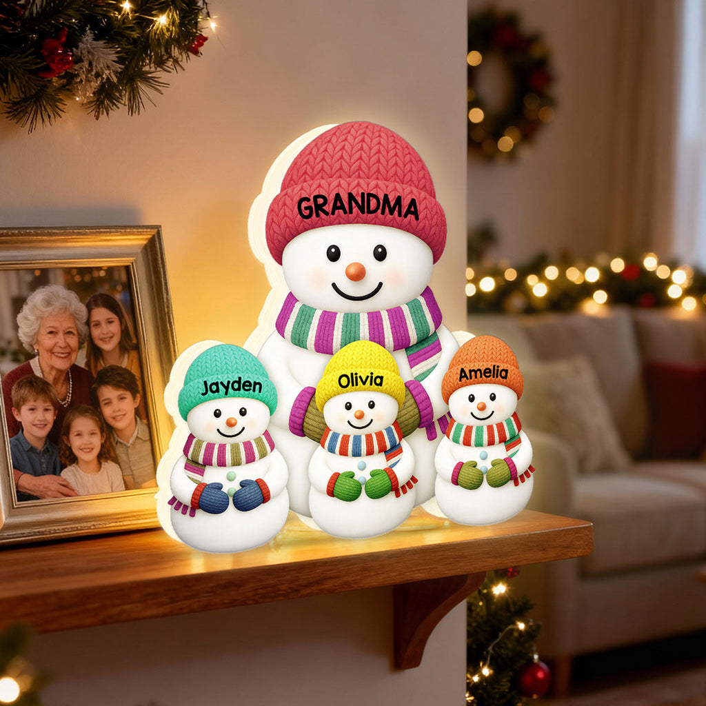 3D Effect Heartwarming Christmas Grandma Grandpa Grandkids Snowman Together - Personalized Light Box - Gift For Grandmas
