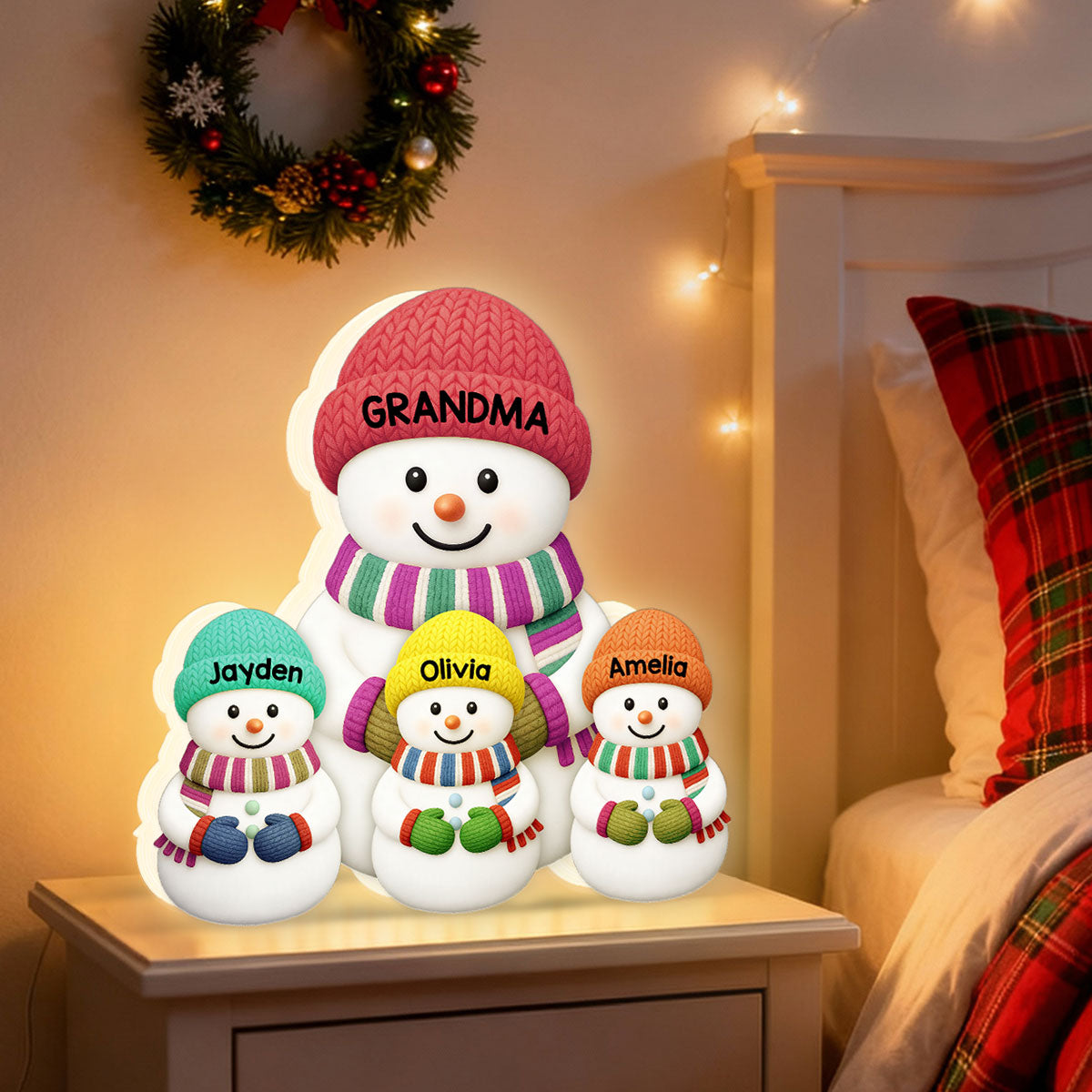 3D Effect Heartwarming Christmas Grandma Grandpa Grandkids Snowman Together - Personalized Light Box - Gift For Grandmas