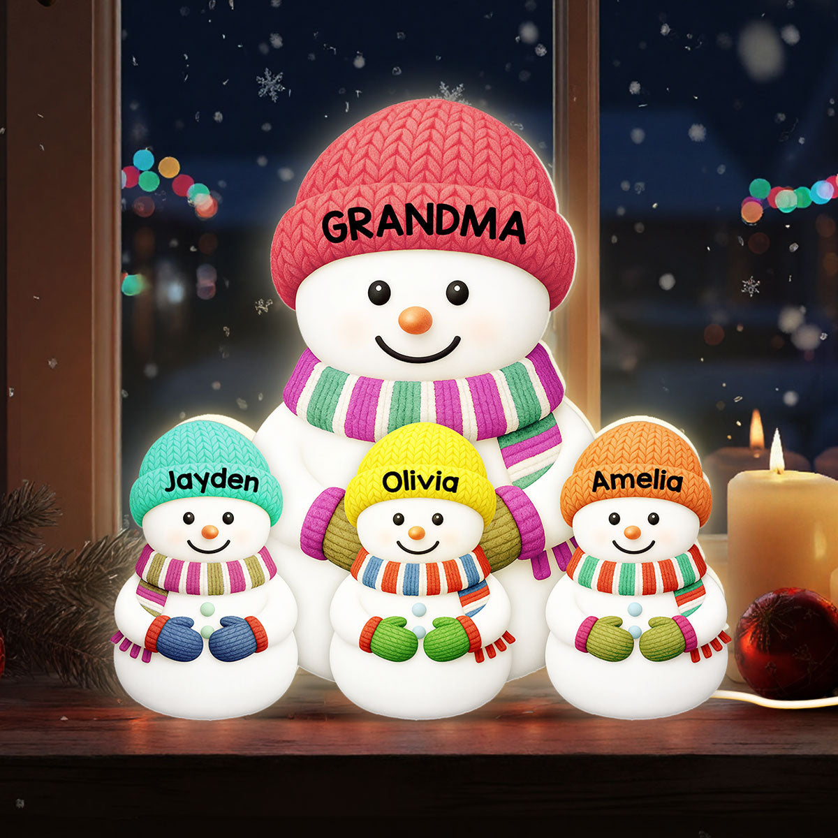 3D Effect Heartwarming Christmas Grandma Grandpa Grandkids Snowman Together - Personalized Light Box - Gift For Grandmas