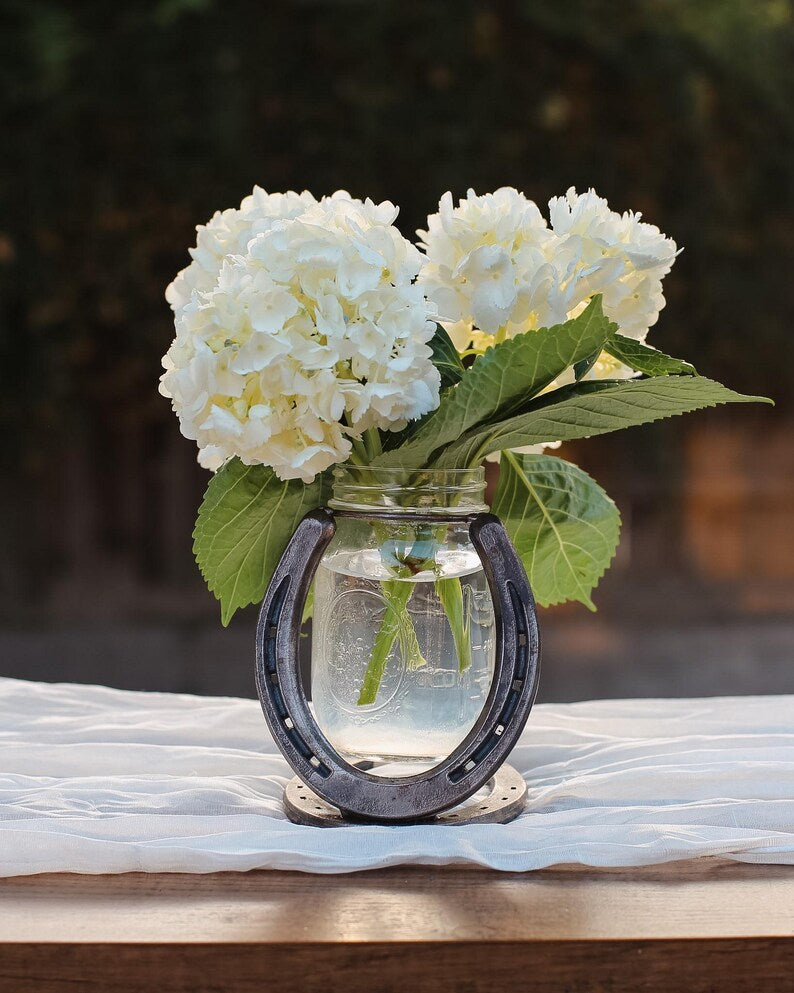 Hand-Welded Steel Horseshoe Mason Jar Vase Holder