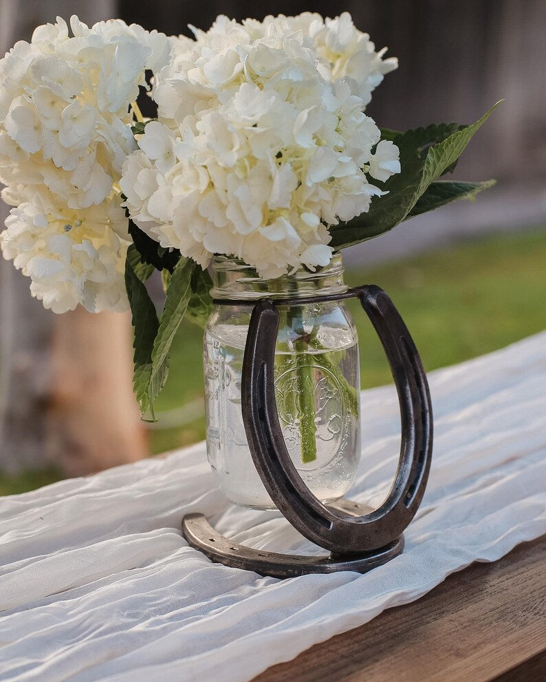 Hand-Welded Steel Horseshoe Mason Jar Vase Holder