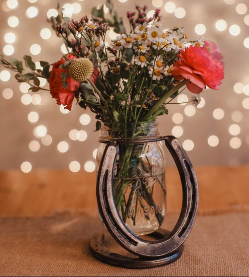 Hand-Welded Steel Horseshoe Mason Jar Vase Holder