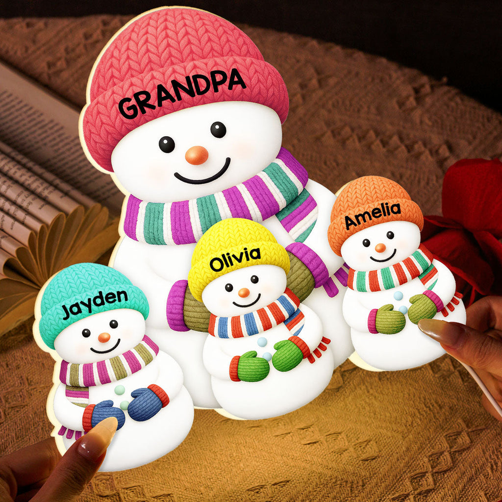 3D Effect Heartwarming Christmas Grandma Grandpa Grandkids Snowman Together - Personalized Light Box - Gift For Grandmas