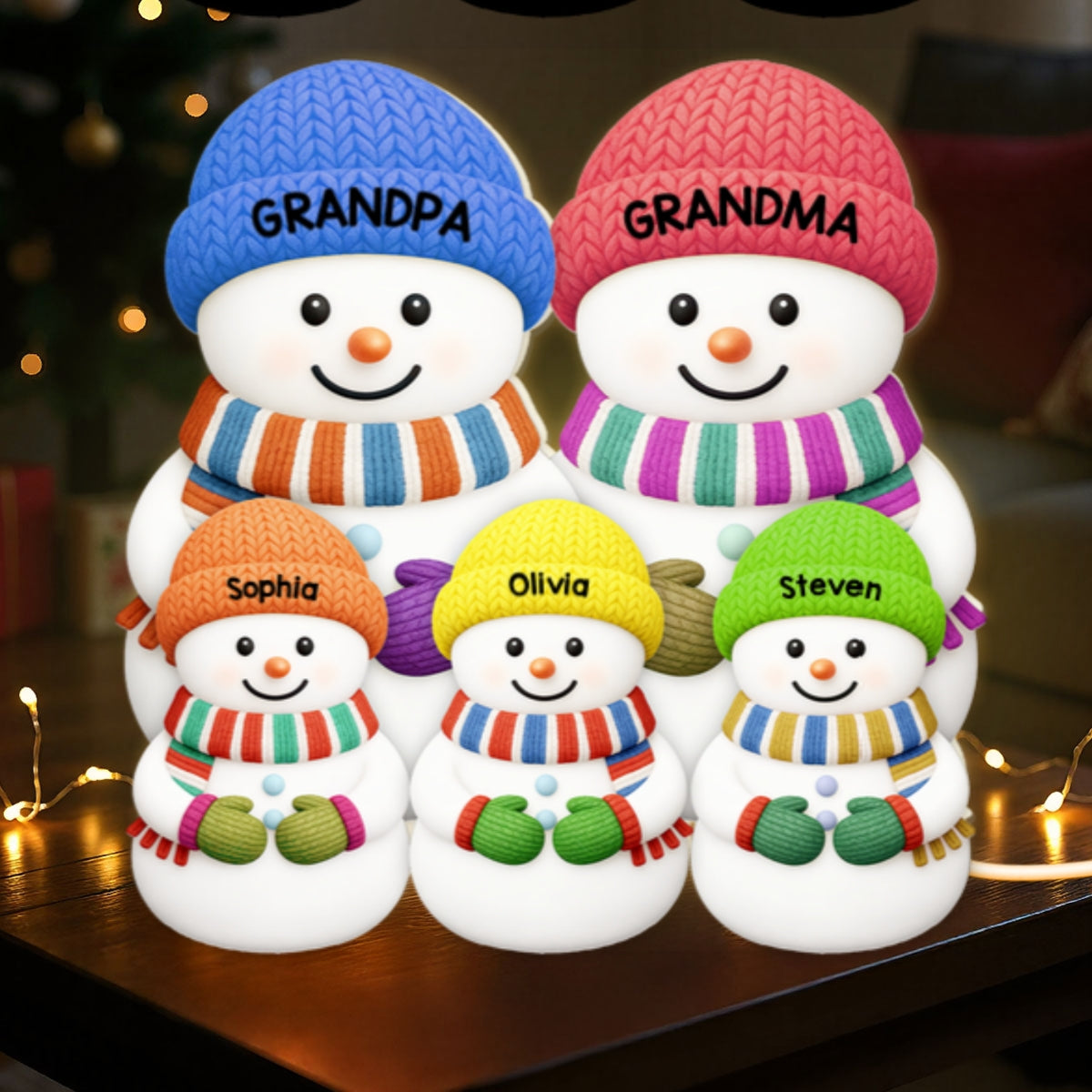 3D Effect Heartwarming Christmas Grandma Grandpa Grandkids Snowman Together - Personalized Light Box - Gift For Grandmas