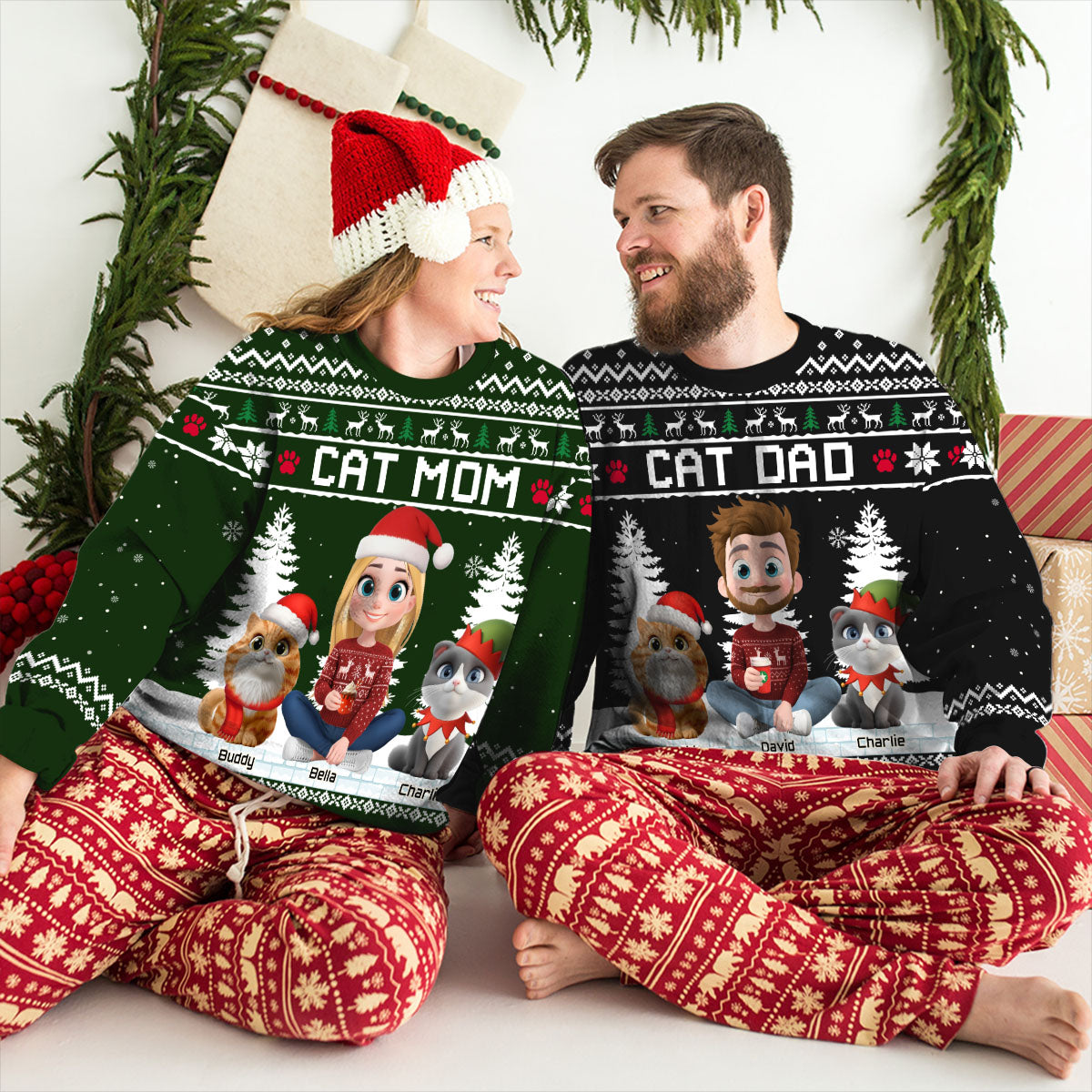 Happy Christmas With My Mom Dad Cartoon - Personalized Custom All-Over-Print Sweatshirt
