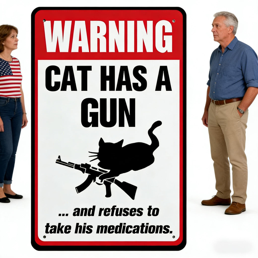 Funny "Cat & Dog Has a Gun & Won't Take Meds" Aluminum Sign