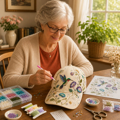 🧢🌸 Premium Hummingbird Garden Beaded Hat DIY Kit | Luxury Flocked Canvas with Scratch-Resistant Non-Fading Pearl Beads DIY Handmade Floral Cap Decor 🌿🪡✨