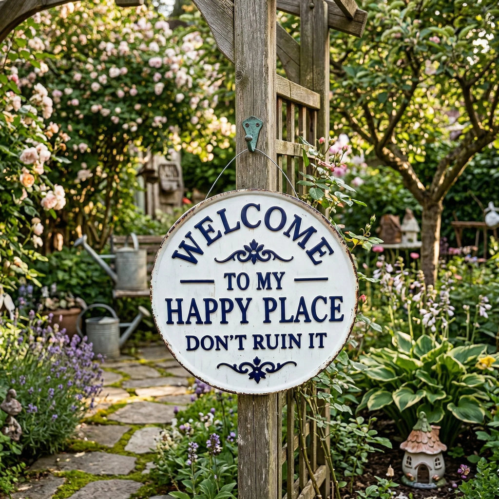 Vintage Round Metal Sign – “Welcome to My Happy Place Don’t Ruin It” Garden Wall Decor